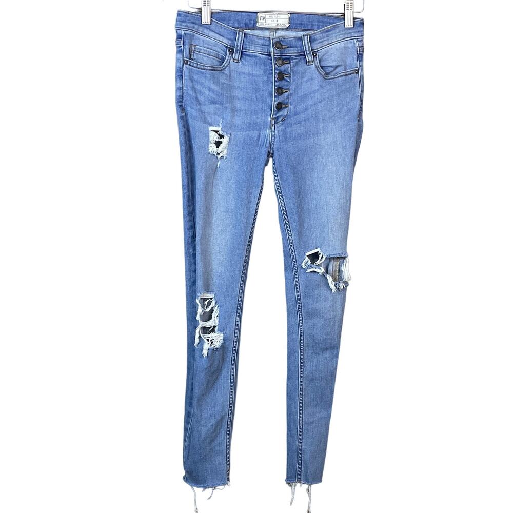 Free People Reagan Skinny Blue Jeans Destroyed Raw Hem Size 28